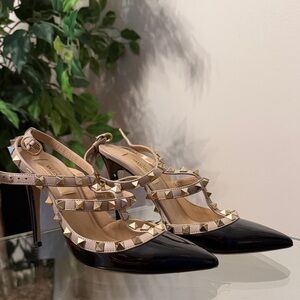 Valentino Black and Gold Studded Heels